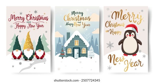 Set of Christmas cards with cute winter characters. Golden lettering. Holiday greeting card collection. New year invitation, banner