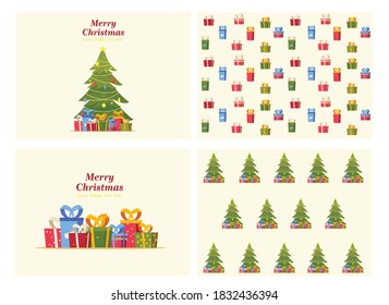 set of Christmas cards, decorated Christmas tree with garlands, toys and balls, Christmas gifts and boxes