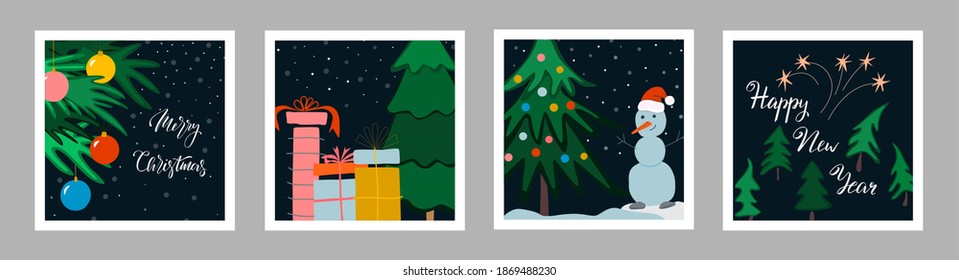 Set of Christmas cards, Christmas decorations, gifts, Christmas trees, fireworks.snowman.