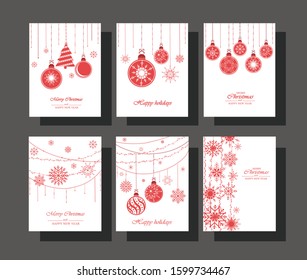 A set of Christmas cards of decorative red hanging balls, snowflakes, garlands Christmas tree on a white background. Holiday design for your greeting cards banners flyers in flat cartoon style. Vector