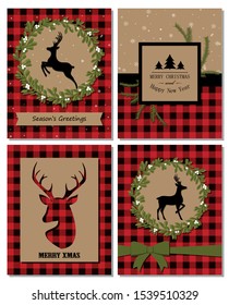 Set of Christmas cards with deer on buffalo texture. Vector template 