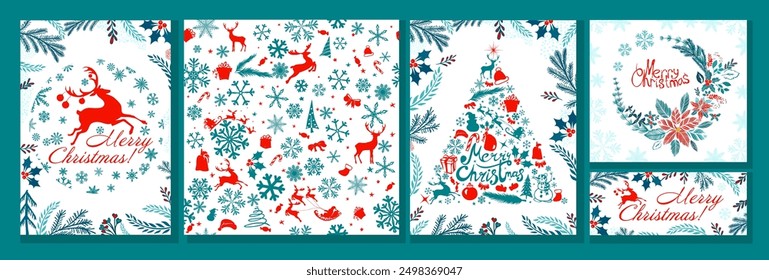 Conjunto de tarjetas de Navidad con ciervos y copos de nieve. dibujo a mano. No IA, Ilustraciones vectoriales