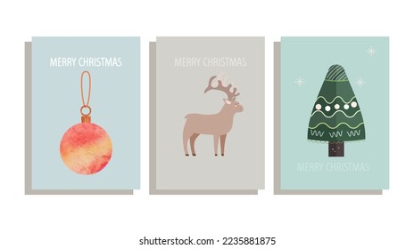 juego de tarjetas de Navidad con ciervo, árbol de Navidad, bolas de Navidad