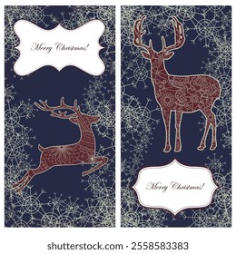 Set of christmas cards with deers on blue background. Violet silhouette of anomal painted by golden flowers, Showflakes frame and banner for text