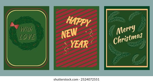 Set of Christmas cards with different wishes on a green background. 
Vector illustration.