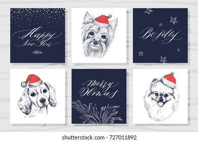 Set of Christmas cards. Dogs in a Santa Claus hat. Festive lettering.