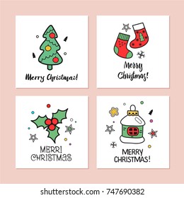 A set of Christmas cards drawn by hand. Happy new year! Merry Christmas! Cute Christmas pictures for your greeting.