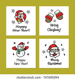 A set of Christmas cards drawn by hand. Happy new year! Merry Christmas! Cute Christmas pictures for your greeting.