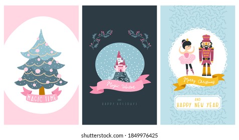 Set of Christmas cards. Fairy tale characters, Christmas tree, lettering castle. Cute vector character illustration in hand-drawn scandinavian style. The limited pastel palette is ideal for any print