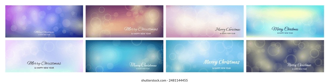 Set of Christmas cards featuring a blurred bokeh light effect blue background with circular blur lights and the inscription Merry Christmas and Happy New Year. Vector illustration
