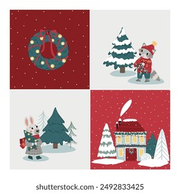 A set of Christmas cards featuring houses, trees, a wreath, a bunny, and a raccoon.
Holiday greetings, gift tags, party invites, festive decorations, and scrapbooking projects. 