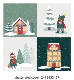 A set of Christmas cards featuring houses, trees, a wreath, a fox, and a bear. Ideal for holiday greetings, gift tags, party invites, festive decorations, and scrapbooking projects.