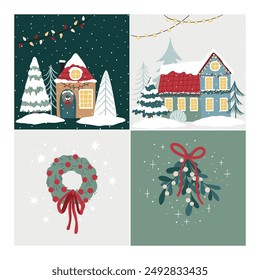 A set of Christmas cards featuring houses, trees, a wreath, and mistletoe. Perfect for holiday greetings, gift tags, party invites, festive decorations, and scrapbooking projects. 