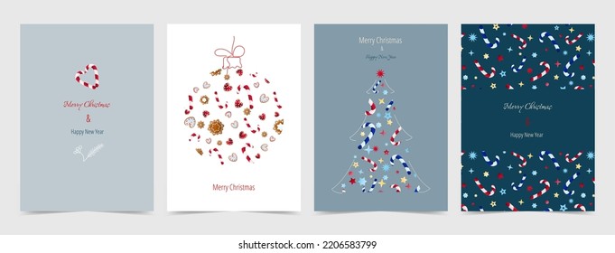 Juego de tarjetas de Navidad. Decoración festiva de diseño lacónico.