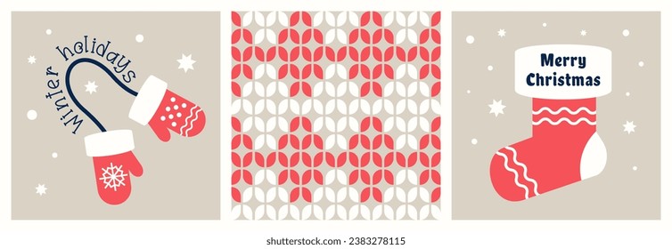 Set of Christmas cards with festive elements. Traditional knitting pattern, Christmas sock, knitted mittens, snowflake. Minimalist winter holiday background. Vector flat illustration for print