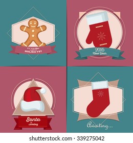 Set of Christmas Cards, flat design elements. With winter home, xmas tree, snow globe, and reindeer elements. Ideal for holiday invitation or greeting card.