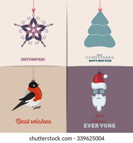 Set of Christmas Cards, flat design elements. With winter home, xmas tree, snow globe, and reindeer elements. Ideal for holiday invitation or greeting card.