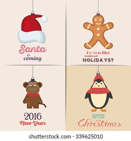 Set of Christmas Cards, flat design elements. With winter home, xmas tree, snow globe, and reindeer elements. Ideal for holiday invitation or greeting card.
