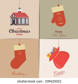 Set of Christmas Cards, flat design elements. With winter home, xmas tree, snow globe, and reindeer elements. Ideal for holiday invitation or greeting card.
