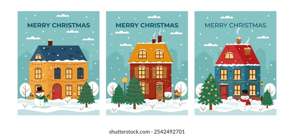 Set of Christmas cards in flat style. Winter houses with snowmen and Christmas trees. Winter landscape. Christmas posters.