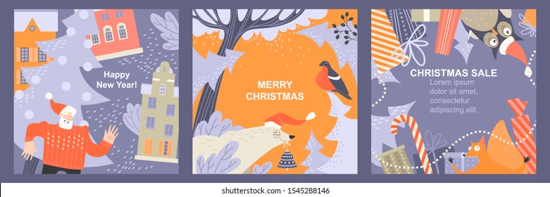 Set of Christmas cards with funny animals and Santa Claus on winter backgrounds. Vector illustration in cartoon style.