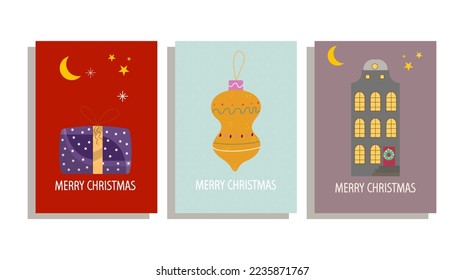 juego de tarjetas de Navidad con caja de regalo, casa, bolas de Navidad