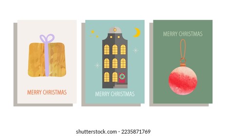Set Weihnachtskarten mit Geschenkbox, Haus, Weihnachtsbälle