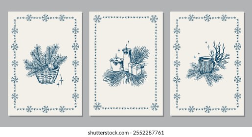 Conjunto de cartões de Natal com caixas de presente, xícara de café e ramos de pinheiro. Acolhedor ambiente doméstico. Ilustração de vetor de rabiscar de cor azul.