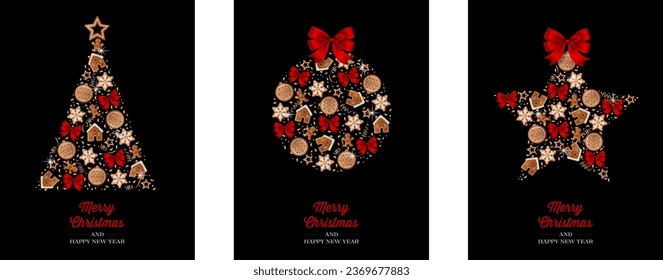 set of christmas cards with gingerbread cookies and decorations