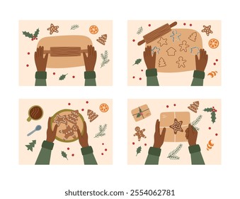 Set of Christmas cards. Gingerbreads cooking. Sustainable Christmas concept. Hands making gingerbreads. Top view. Workshop concept.