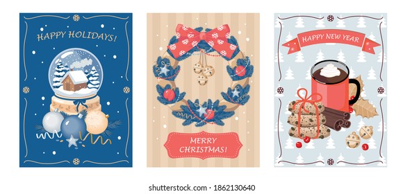 A set of Christmas cards with a glass ball, mistletoe wreath, cookies, cinnamon, coffee and a greeting message. In blue, gold and red colors, Kraft paper. Vector, isolated.