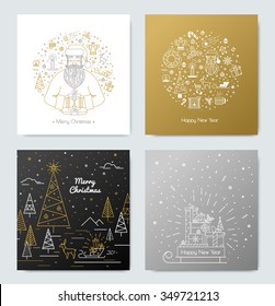 Set with Christmas cards in gold and silver with Christmas elements. Postcard for the new year in style hipster