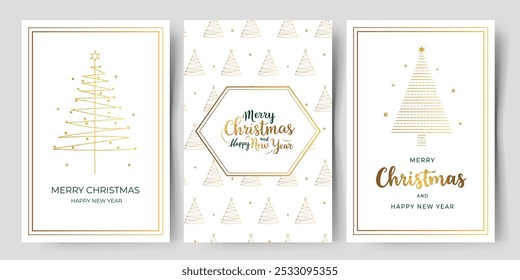 Set of christmas cards with golden christmas tree. Minimalistic greeting cards. Golden lettering.