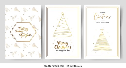 Set of christmas cards with golden christmas tree and lettering. Minimalistic xmas greeting cards. 