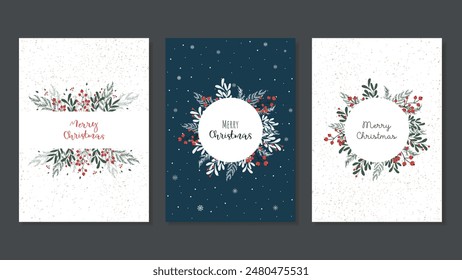 A set of Christmas cards for greeting the New Year with a plant decoration of Christmas trees, branches with red berries. Vector