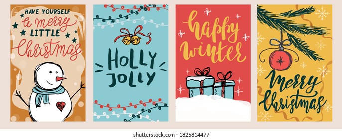 Set of Christmas cards with hand drawn elements and hand lettering. Vector templates with cute elements