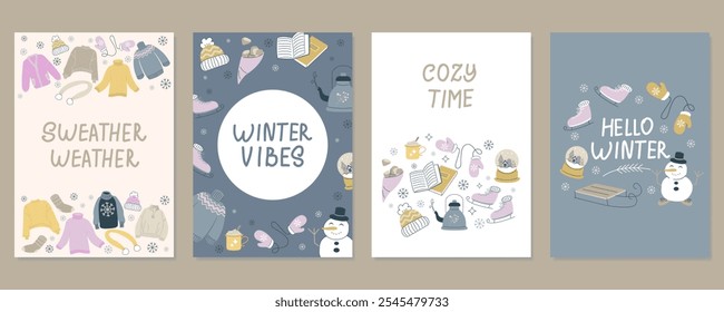 Set of Christmas cards, hand drawn cute flyers. Postcards with lettering and cute winter elements. Flat vector illustrations