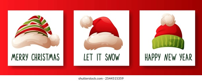 Set of Christmas cards, Happy New Year cards with red Santa Claus hats and inscriptions. Merry Christmas and Happy New Year greetings in the form of a square card.