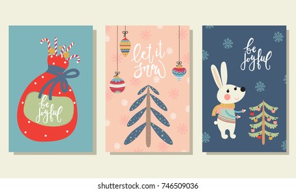 Set of Christmas cards with hare, Christmas tree and gift in cartoon style. Vector illustration.