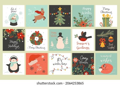 A set of Christmas cards with holiday attributes. Vector graphics.