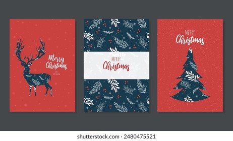 A set of Christmas Cards with Holly Berries, Winter Branches and a Deer