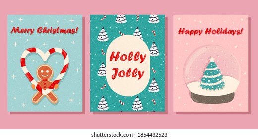 Set of Christmas cards, invitations 2021 in vintage style. Postcards for letters, gifts, envelopes, banners, invitations. Ginger man, snow globe with Christmas tree. Trendy vintage greeting cards.