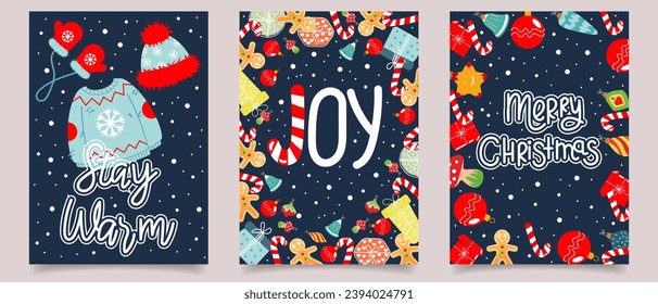 Set of Christmas cards with lettering decorated with toys, Christmas candies, gifts and snowflakes. Set of holiday backgrounds. Posters.