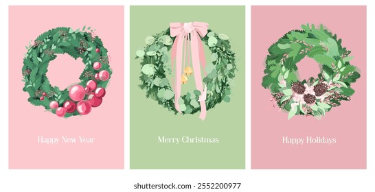 Um conjunto de cartões de Natal com a letra Feliz Natal Feliz Feriados e Feliz Ano Novo. Cartões postais verticais brilhantes com elementos de Natal em cores delicadas. Coroas de Natal com arcos