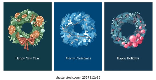 A set of Christmas cards with the lettering "Merry Christmas" and Happy New Year Bright vertical postcards featuring Christmas elements in shades of blue and green, with bright orange and pink flowers