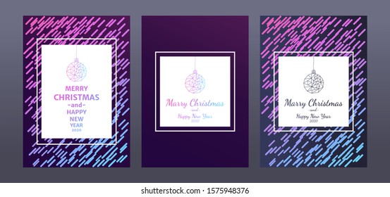 set of christmas cards in low poly style with the inscription merry christmas and happy new year 2020, vector image.