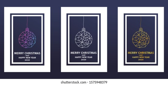 set of christmas cards in low poly style with the inscription merry christmas and happy new year 2020, vector image.