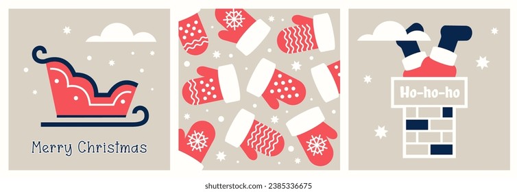 Juego de tarjetas de Navidad. Elementos de invierno minimalistas. Mitones rojos calientes de punto, trineo festivo. Santa sube por la chimenea. Concepto tradicional de entrega de regalos de Navidad. Ilustración plana del vector