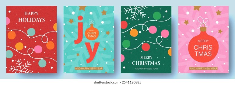 Conjunto de cartões de Natal. Design moderno com grinalda de Natal, bolas e saudações. Ilustração desenhada à mão na moda para banner de estação, cartaz, capa. Ilustração vetorial.