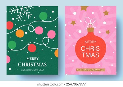 Set of Christmas cards. Modern design with Christmas garland, ball and greetings. Trendy hand drawn illustration for season banner, poster, cover. Vector illustration.